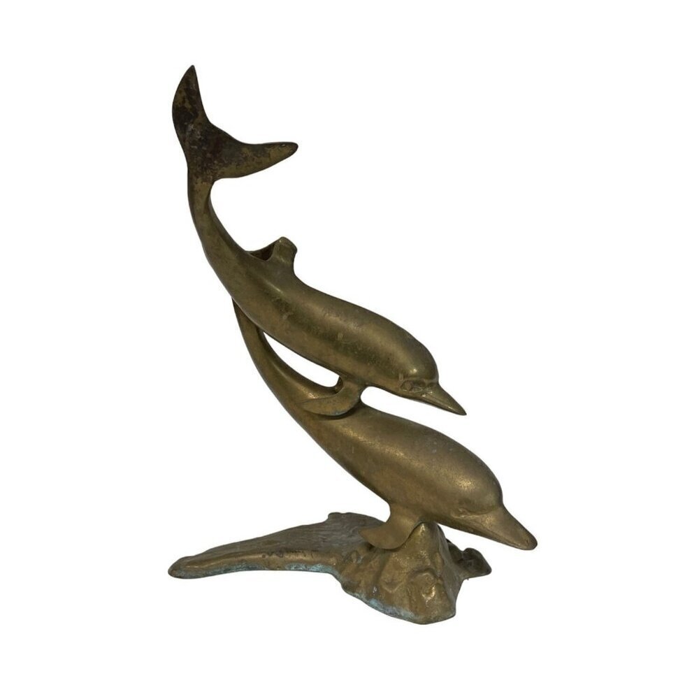 Brass Double Dolphin Sculpture Art Statue Figurine 11.5" W x 16" tall VTG MCM